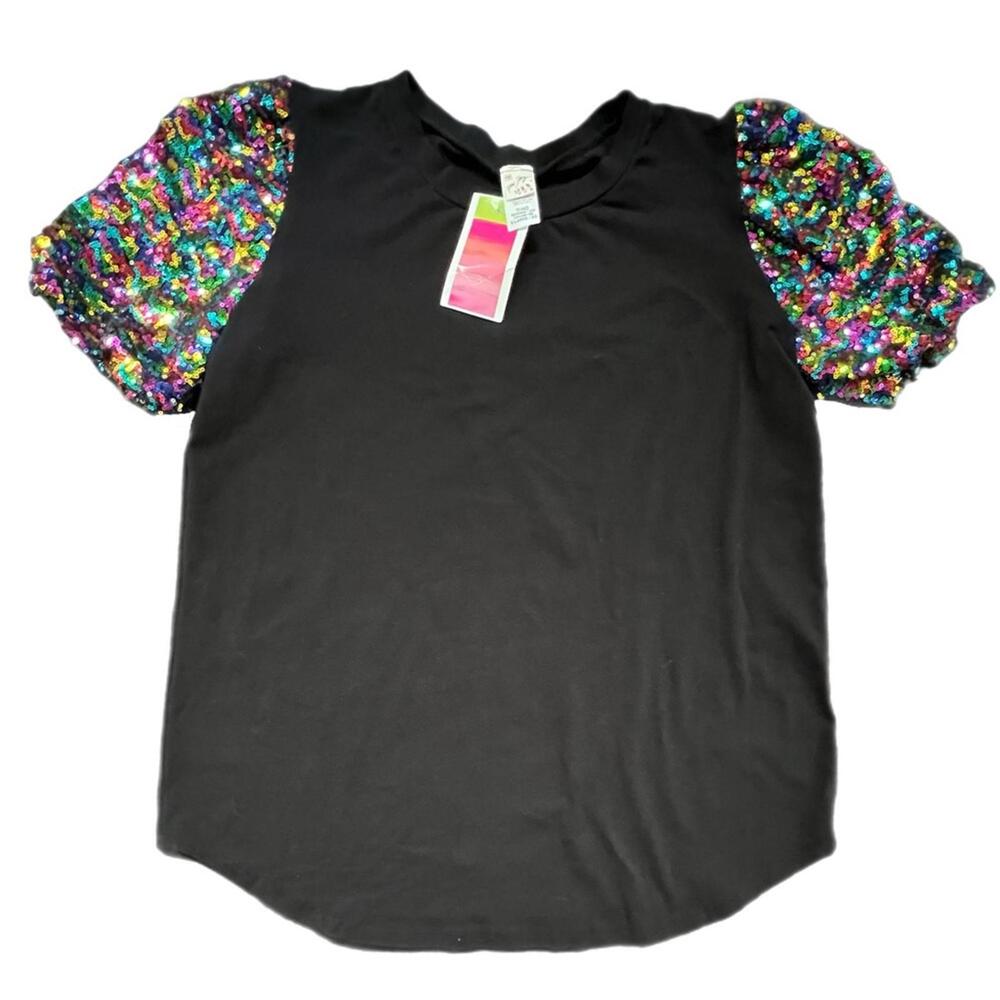7th Ray Chic Black Top with Multicolor Sequin Sleeves‎ - XL